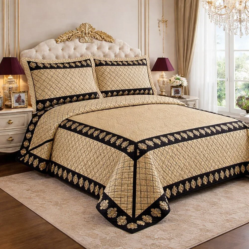 Luxury Gold Black Damask Bedspread Quilt Set Embroidered Royal Bedding King Quee